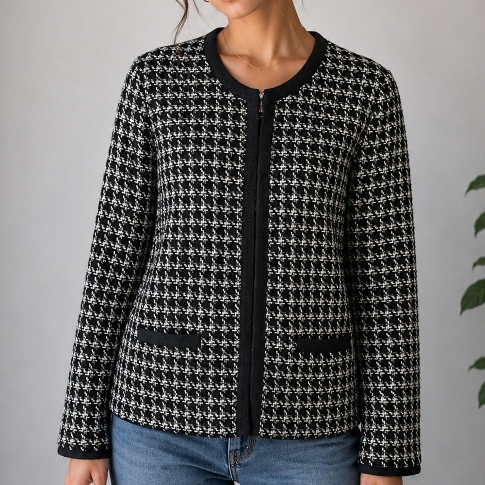 Croft & Barrow Houndstooth Tweed Jacket Blazer Black White Career Medium